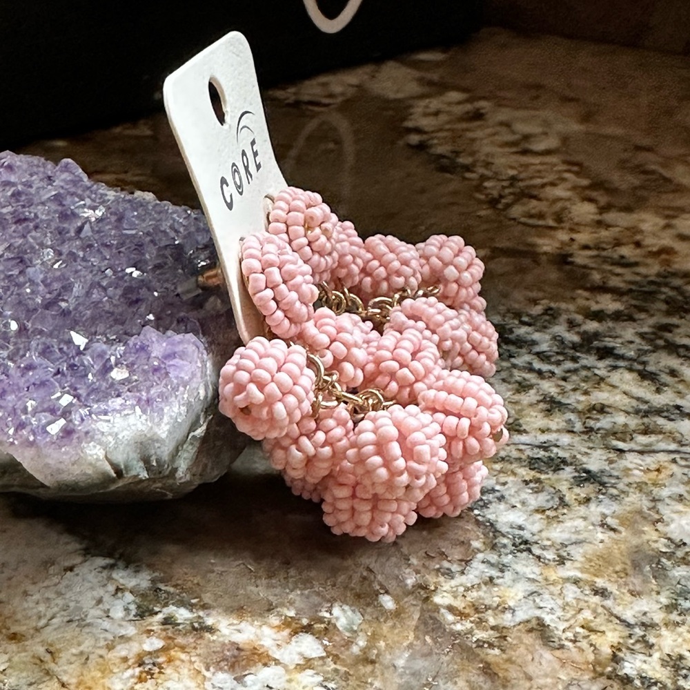 Gold Pink Seed Bead Ball Cluster Earrings - Picture 3 of 8